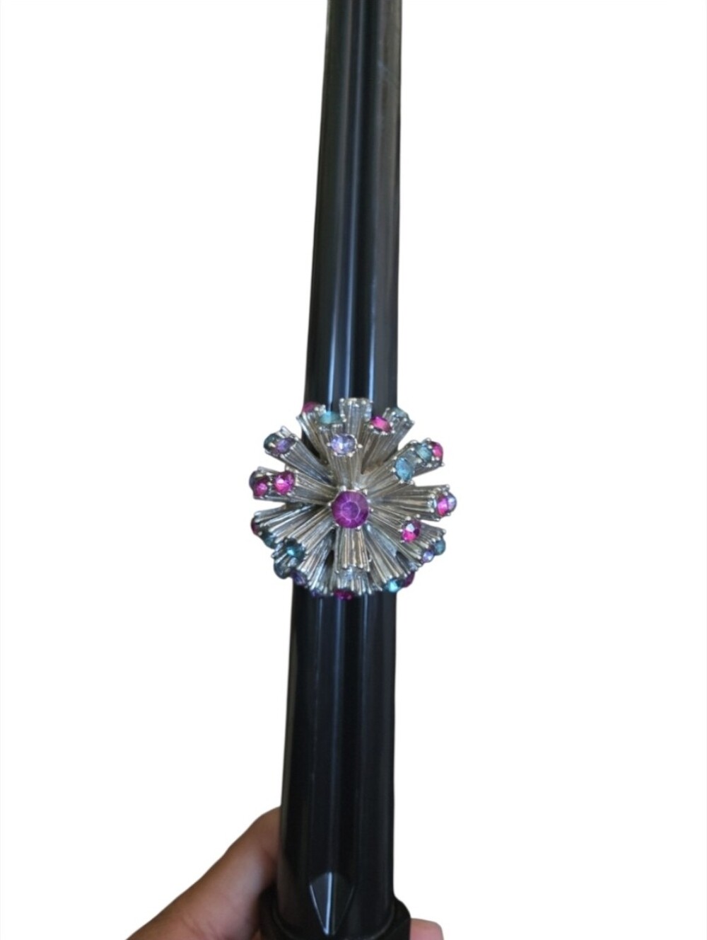 Vintage Size 10 Silver Toned Starburst Cocktail Ring with Pink and Blue Stones